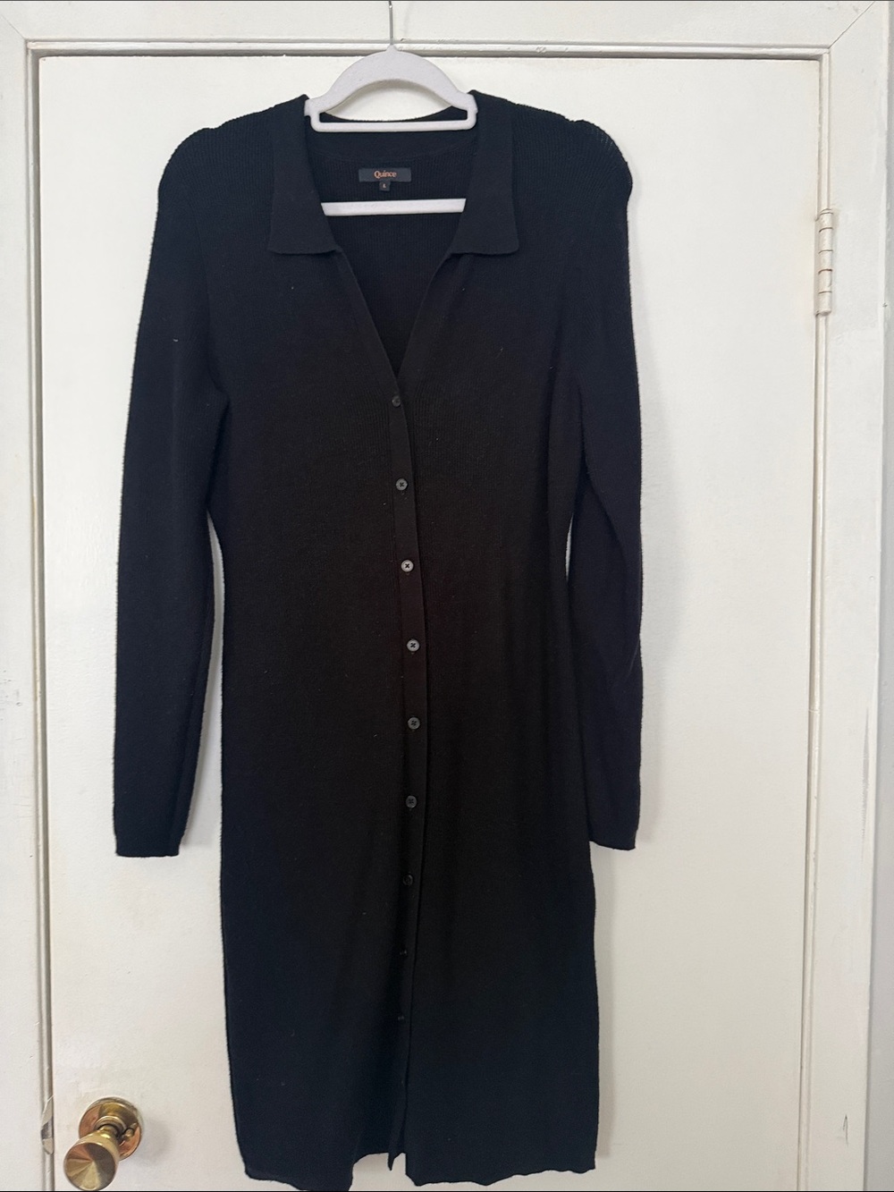 Quince Black Long Sleeve Button-Down Knit Midi Dress